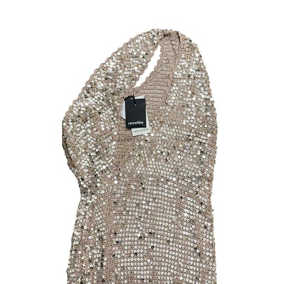 Retrofete $745 Candice Tan Sequin Maxi Crochet Dress Sz M/L Cutout NWT - Picture 6 of 8